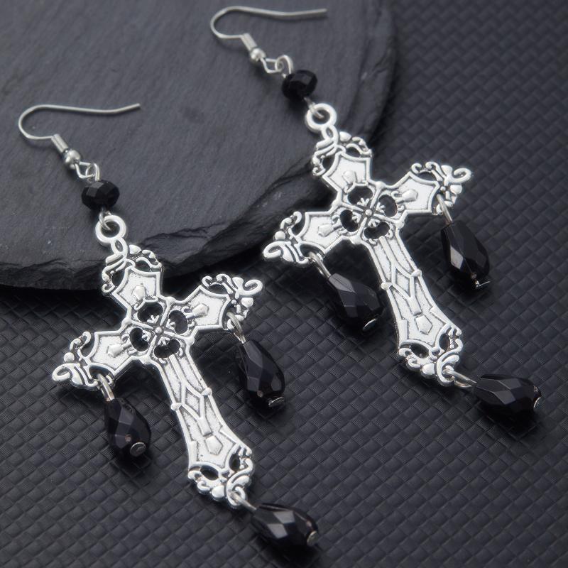 

Gothic Punk Style Cross Carved Pattern Droplet Shaped Pendant Earrings, Women s Personalized Trendy Holiday Accessories Zircon