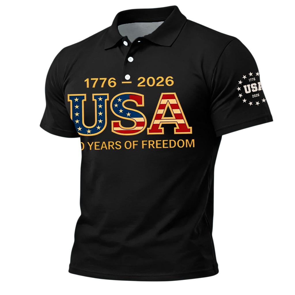 Men’s Short Sleeve Polo Shirt with USA 250 Years of Freedom Letter Print Classic Fit Soft Fabric Casual Top