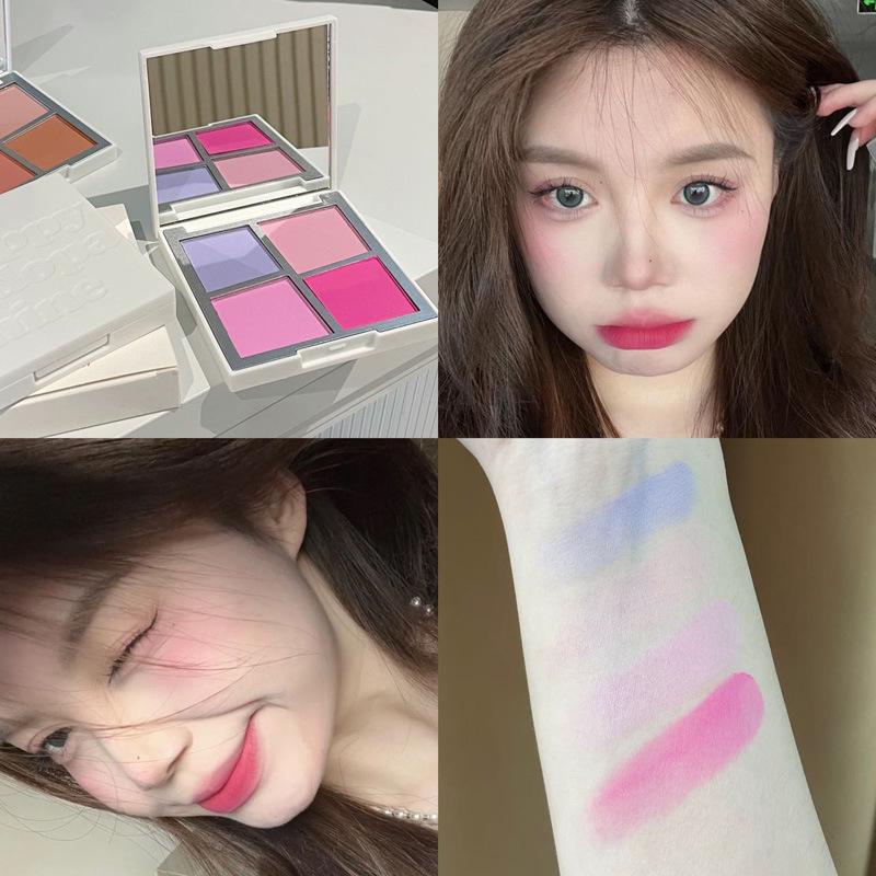 HERORANGE Four-Color Matte Blush Palette: Low Saturation, Natural Payoff, Includes Blue & Purple for Contouring.