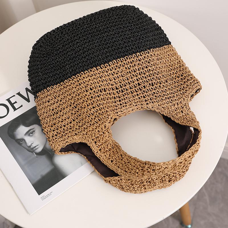 IELGY Color Matching Casual Portable Straw Bag Contrast Color Woven Seaside Vacation Beach Bag