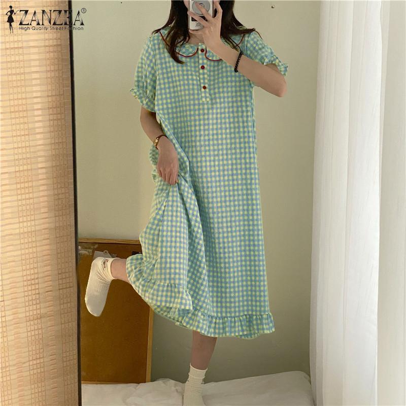 

ZANZEA Женское повседневное летнее клетчатое длинное платье с коротким рукавом и кукольным воротником