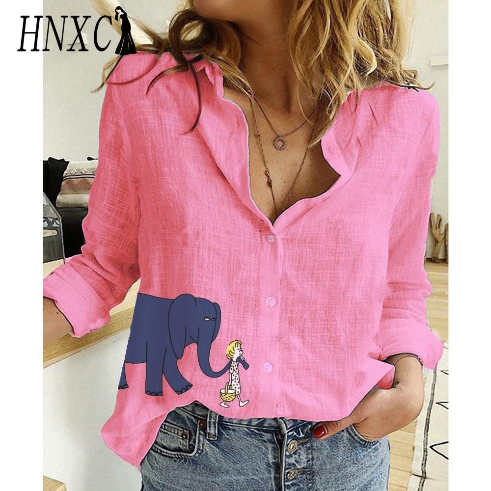 HNXC Women's Fashion Casual Blue Elephant Print Long Sleeve POLO Neck Blouses & Shirts