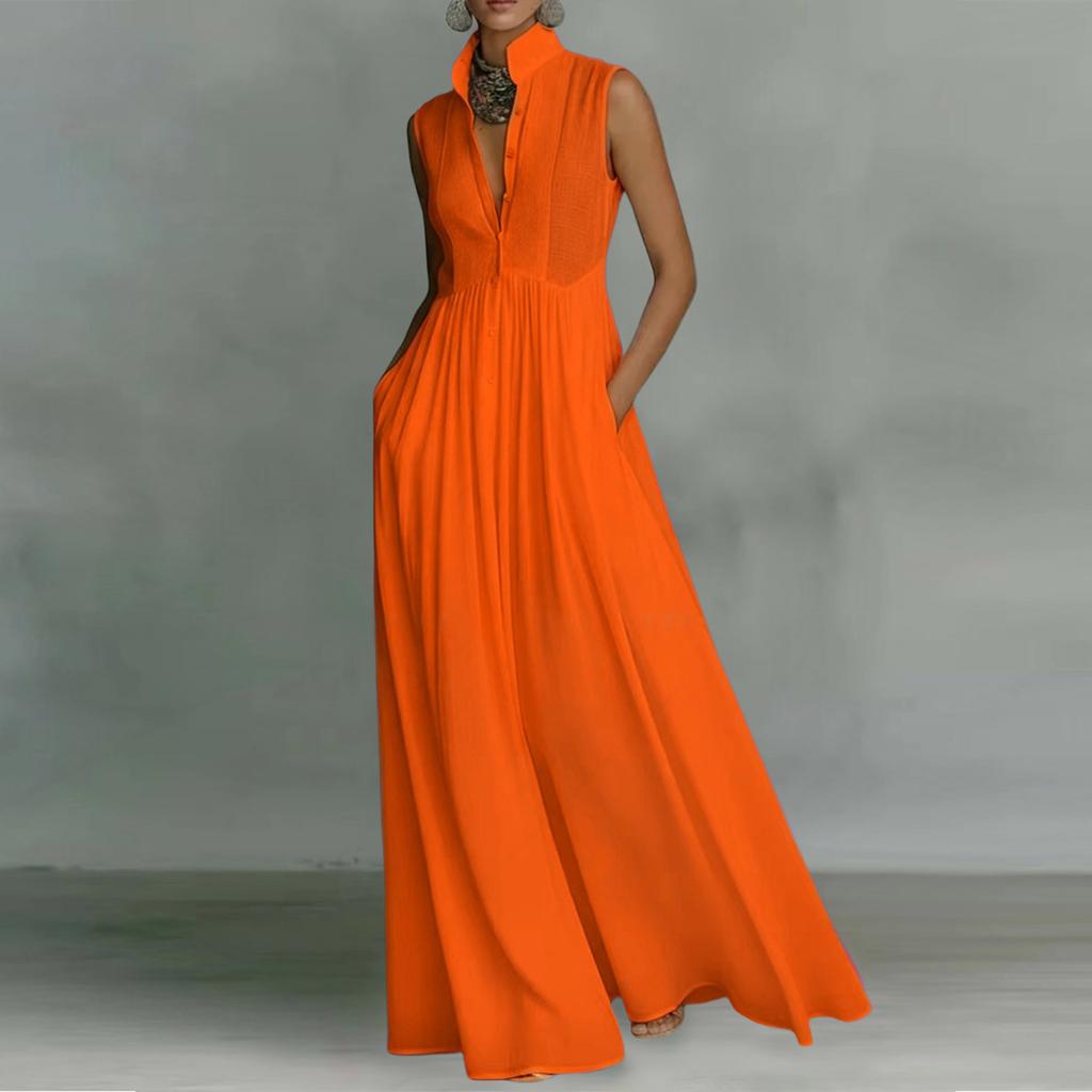 Women Pleated Maxi Dress Vacation Style Inspired Long Dress Sleeveless Elegant Solid Design Lightweight Fabric