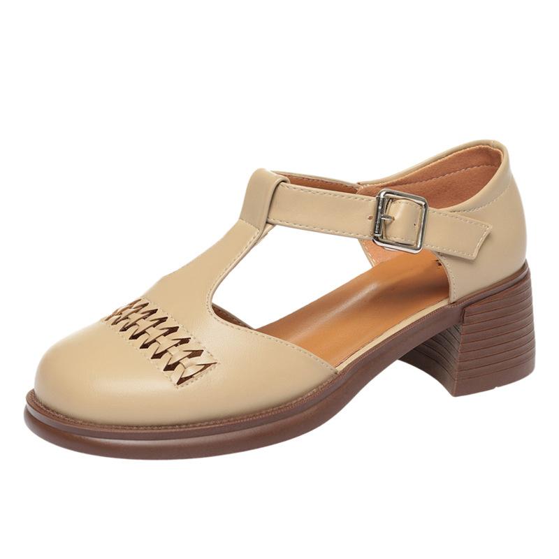 5cm Vintage T Strap Soft Leather Round Head Cutout Gladiator Sandals Platform Shoes 2025 Women's Med Block Heels Sandals for Mom