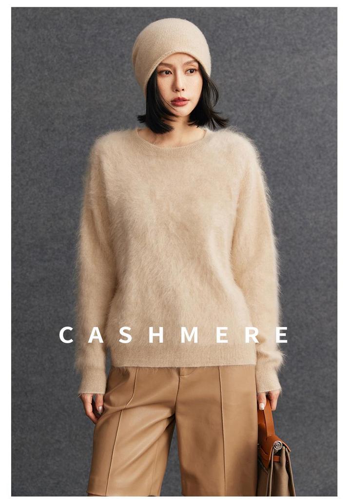 Cashmere Women's Round Neck Brushed Knit Sweater - 2025 Autumn/Winter Collection.