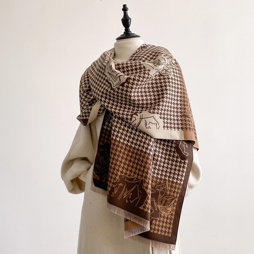Thousand Bird Grid Splicing Roses Imitation Cashmere Thickened Warm Scarf Air-Conditioned Room Elegant Versatile Shawl