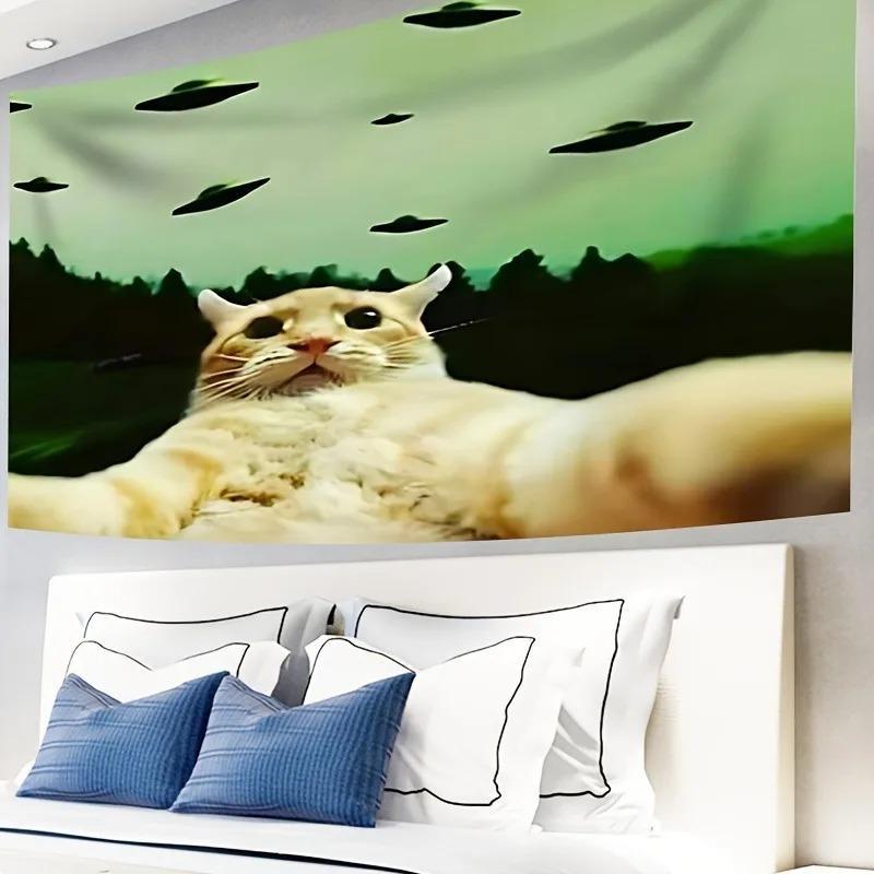 Funny UFO Cat Selfie Tapestry Viral Meme Print Polyester Wall Hanging for Living Room Hilarious Alien Invasion and Cat Lover T