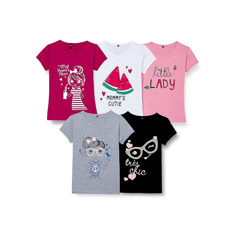 T2F Girls Solid Regular Fit T-Shirt Pack of 5(GLS-TSRT-01_Multi 1_9 Years-10 Years)