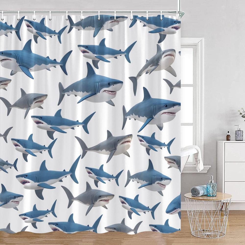 Ocean Animals Nautical Cartoon Shower Curtains Tropical Fishes Sharks Shell Sea Turtle Bathroom Decorations Kids Bath Curtain Wi