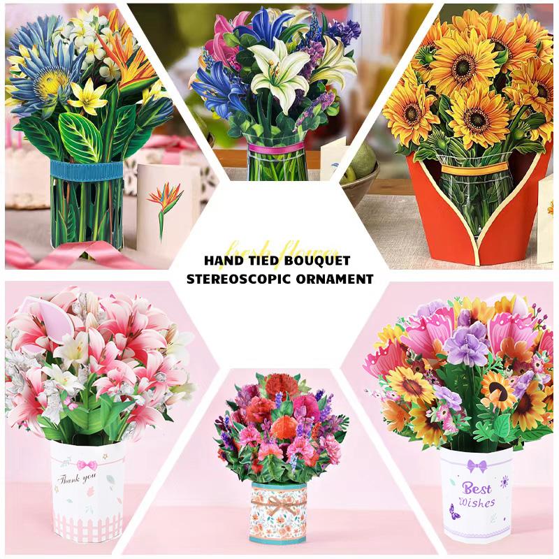 Premium 3D Pop Up Flower Bouquet Card Mothers Day Present Valentines Day Anniversary Birthday Greeting Cards Thank You Wishes Gifts
