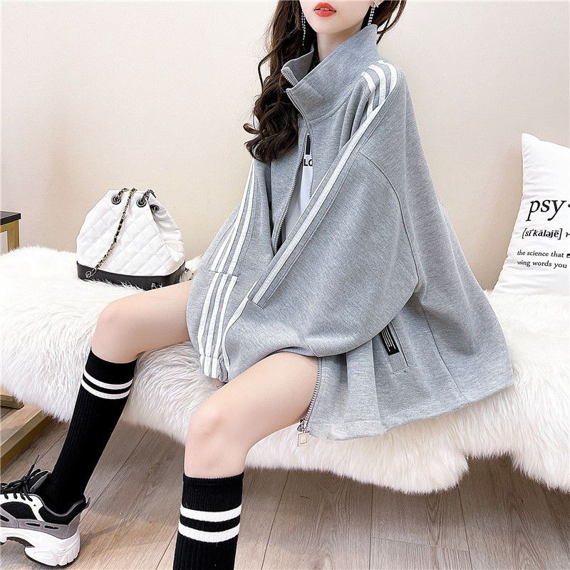 Plus Size Women Autumn Long Sleeve Zipper Jacket Winter Loose Casual Coats Sports Side Stripe Hoodie Sweatshirts