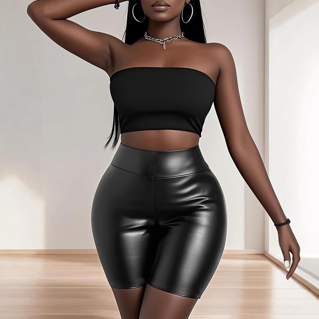 Damen Mittelhohe Faux Leder Biker Shorts Slim Fit Knielange Shorts Po-Hebend PU Leder Heißhosen Sexy Clubwear Lässige Unterteile
