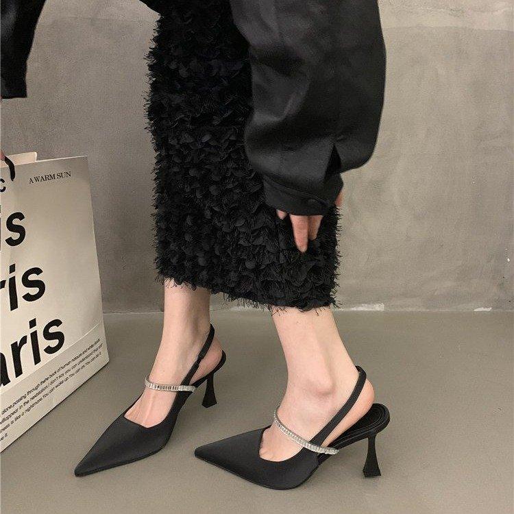 New European and American Summer Pointed Fairy Fashion Transparent String Rhinestone Satin Wine Glass and Bag Head Trend Versatile Sandals