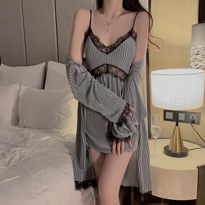 Seksowna piżama dla kobiet na jesień i zimę aksamitna koronkowa koszula nocna w paski z podwiązkami sznurowana koszula nocna dla kobiet