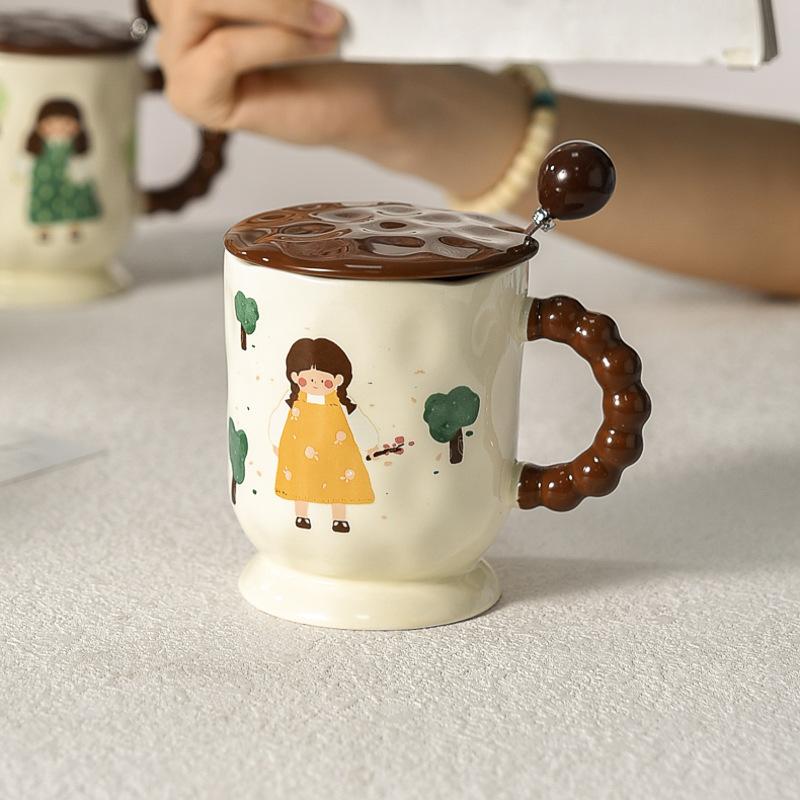 Cartoon Character Cute Mug with Lid and Spoon Retro Girl High Looking Ceramic Children's Cup for Drinking Water for Home Use