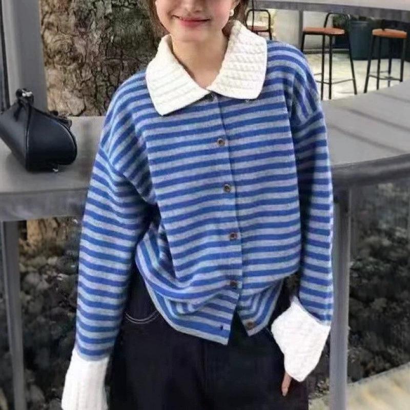 European Women's Striped Polo Collar Sweater - Autumn/Winter 2026 Long Sleeve Knit Petite Top
