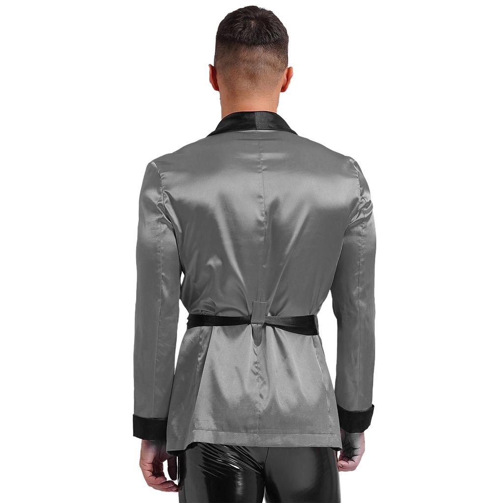 Mens Contrast Smoking Jacket Robe Belt Lapel Long Sleeve Side Pockets Satin Kimono Bathrobe Nightwear Loungewear