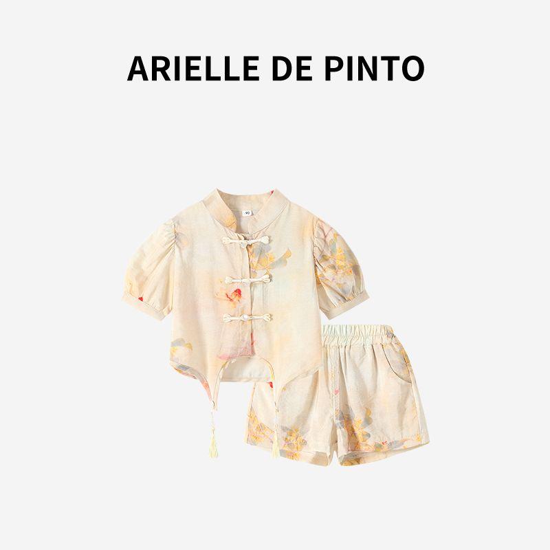French Arielle De Pinto Girls  Goldfish National Style Summer Outfit Casual Printed Sweatshirt Two-Piece Set Suit 140