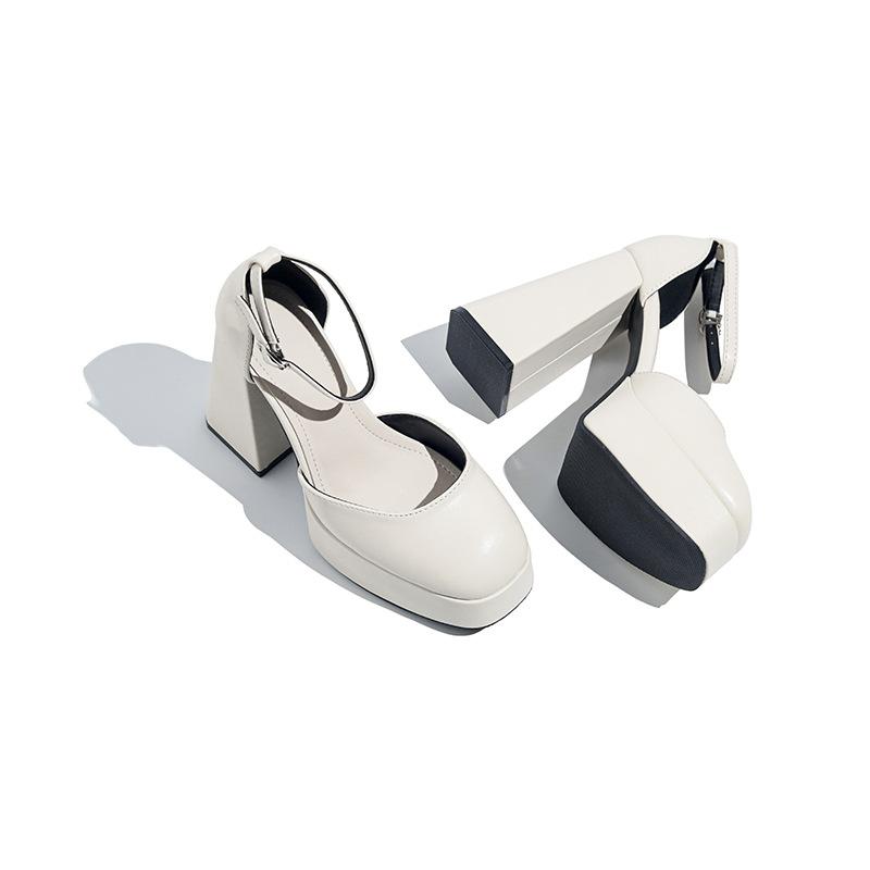 French Super High Heel Women's Shoes Lo One-word Buckle Strap Small High Heels Women's Waterproof Table Thick Heel Single Shoes Bag Head Sandals