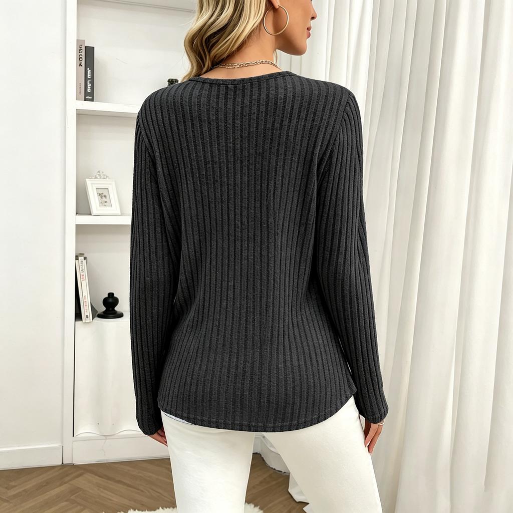 Women Fashion Casual Ribbed Knit Round Neck Long Sleeve Button Detail Top Pullover Shirt Slim Fit Lightweight Soft Fabric