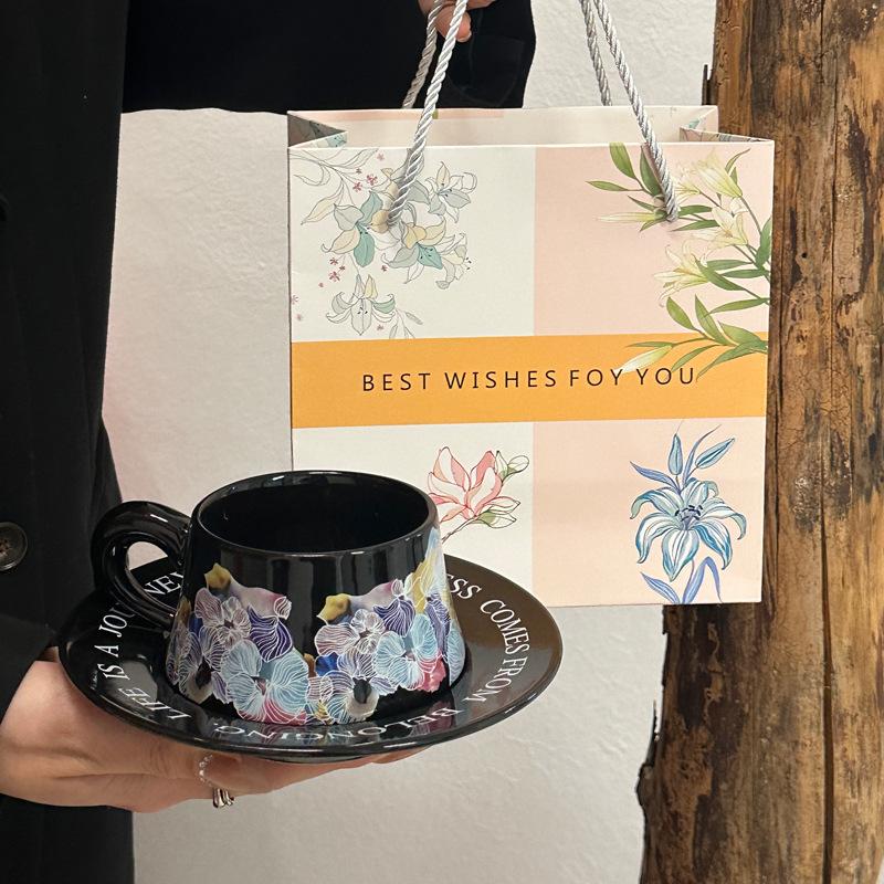 Vintage oil painting watercolor ceramic coffee cup and saucer set afternoon tea mug premium sense souvenir gift box