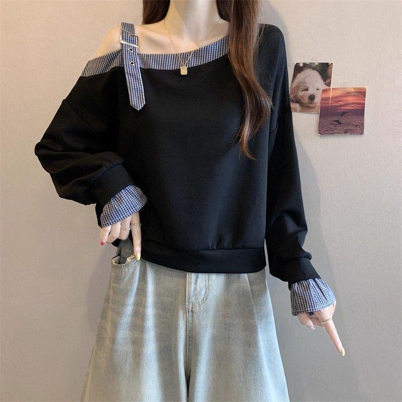 2025 Designer Off-Shoulder Slanted Neck Petite Sweatshirt Long-Sleeve Top for Spring & Autumn