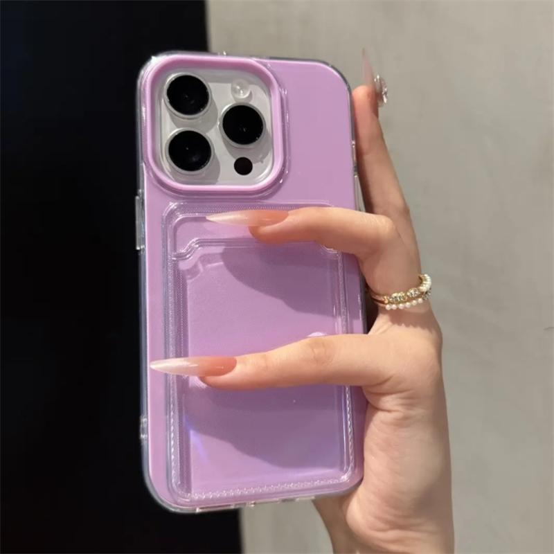 2in1 Card Holder Slot Wallet Po Pocket Clear Candy Color Case For iPhone 16 15 14 13 12 Pro Max TPU+PC Shockproof Cover