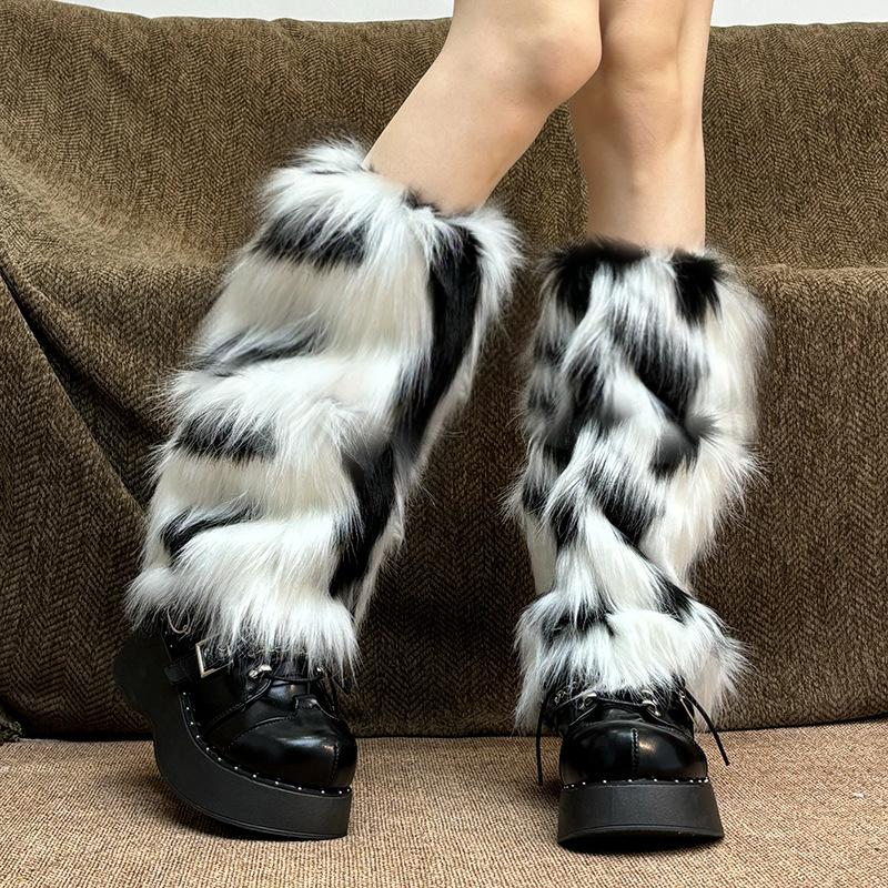25-40cm Black White Grey Vintage Faux Fur Leg Warmers Winter Warm Furry Boots Cover for Women Sock Punk Jk Cosplay Accessories
