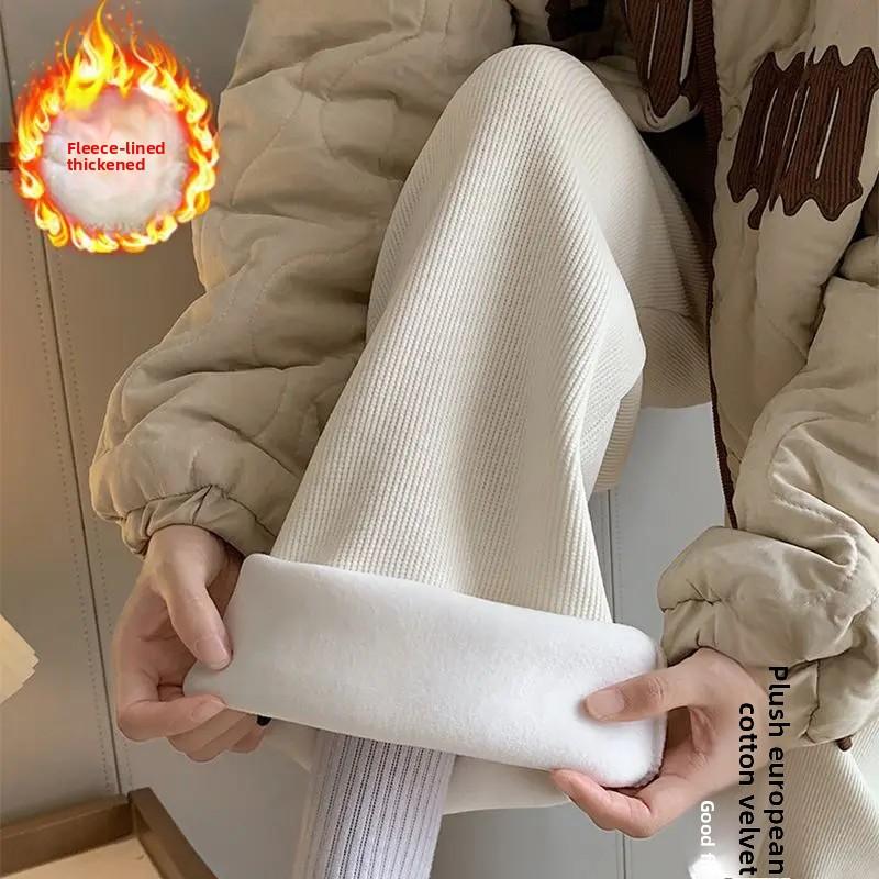 

Женские вельветовые брюки на флисовой подкладке, осенне-зимние, из европейского хлопка, бархатные, широкие, повседневные, прямого кроя, женственные, универсальные, модные, Co S белый