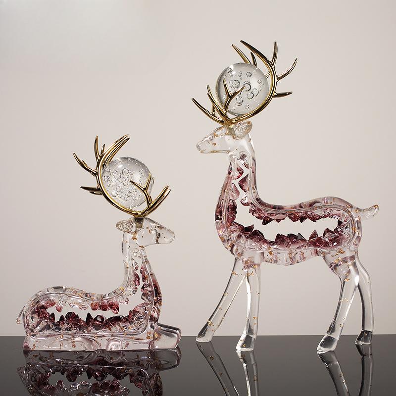

Premium Hollow Elk Ornaments A Pair of Transparent Resin Gold Foil Craft Living Room Wine Cabinet Entrance TV Cabinet Decoration