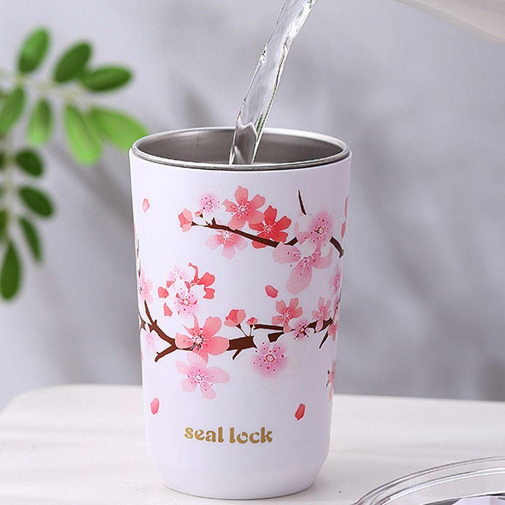 Kirschblüte mit Deckel Isolierte doppelwandige Vakuumflasche Kaffeebecher Thermosbecher Wasserflasche
