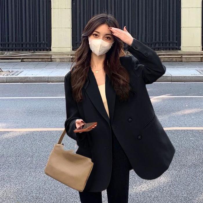 

Women s Milk White Oversized Double-Breasted Suit Jacket - Spring/Autumn 2024 Trendy S чорний
