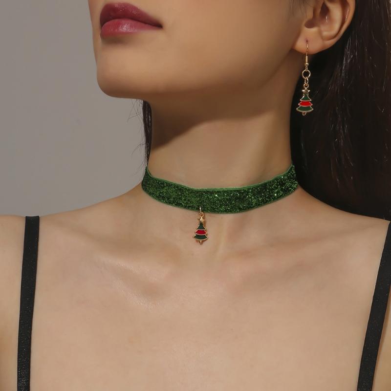 Christmas Jewelry Set for Women Fashion Christmas Tree Choker Necklace Earrings