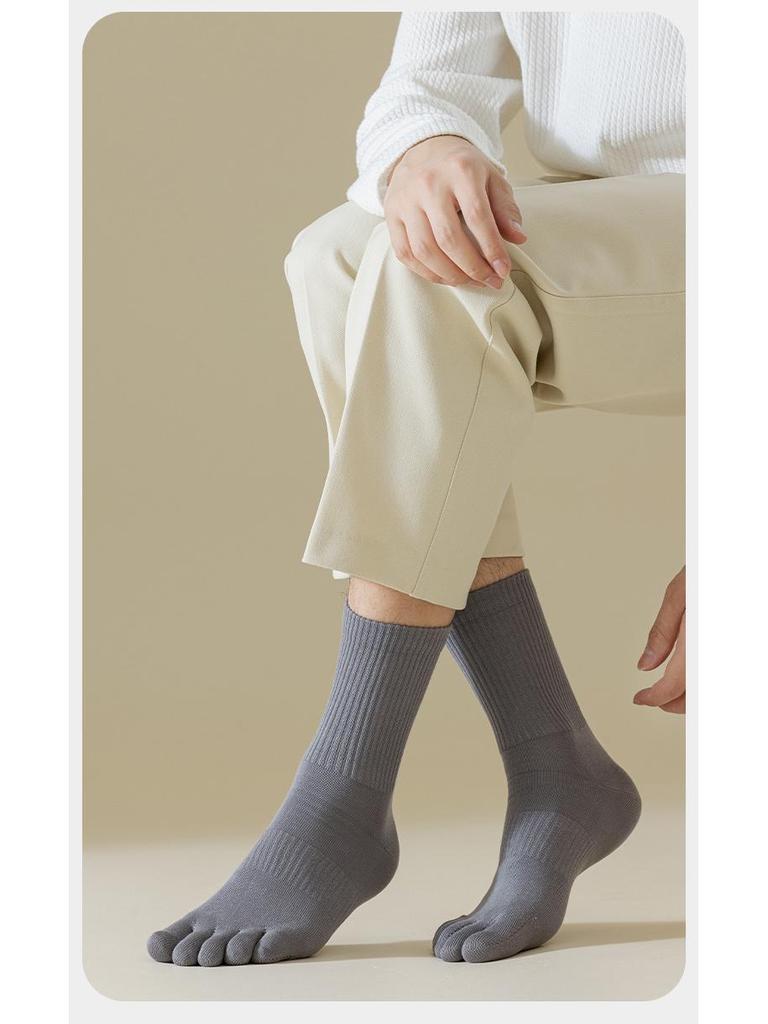 Men's Seamless Split Toe Cotton Socks: Solid & Striped, Breathable, Antibacterial, Anti-Odor, Mid-Calf Casual.