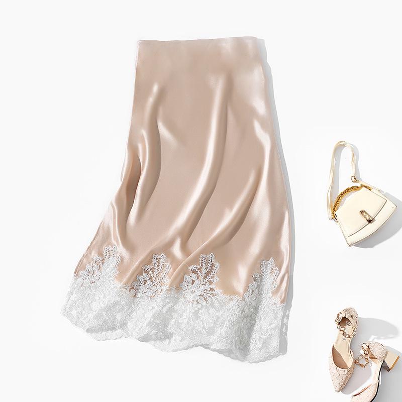Women's Summer 2022 French Acetate Midi Skirt with Embroidered Lace and Slit Hem