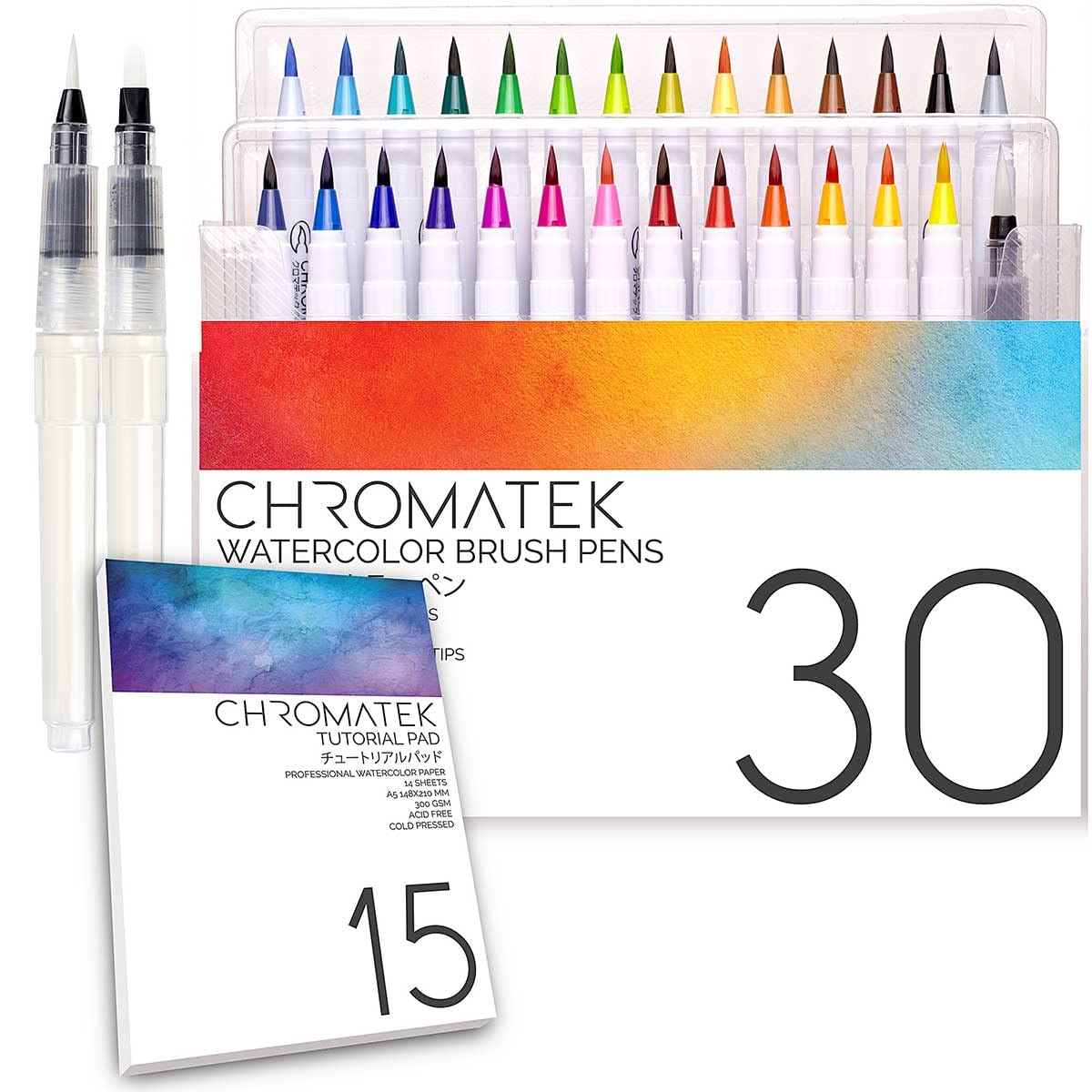 

CHROMATEK 30 Watercolor Brush Pens Tutorial Pad and Online Video Series Authentic Brush Vibrant and Blendable Professional Artist Quality 27 Colors 3