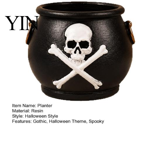 Embossed Skull Planter Witches Cauldron Planter, Halloween Flower Pot, Gothic Resin Haunted House Prop Black Pot Candy Bowl for Herbs, Indoor, Outdoor