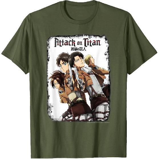 Attack on Titan Gruppebillede med Sværd og Logo Anime T-shirt