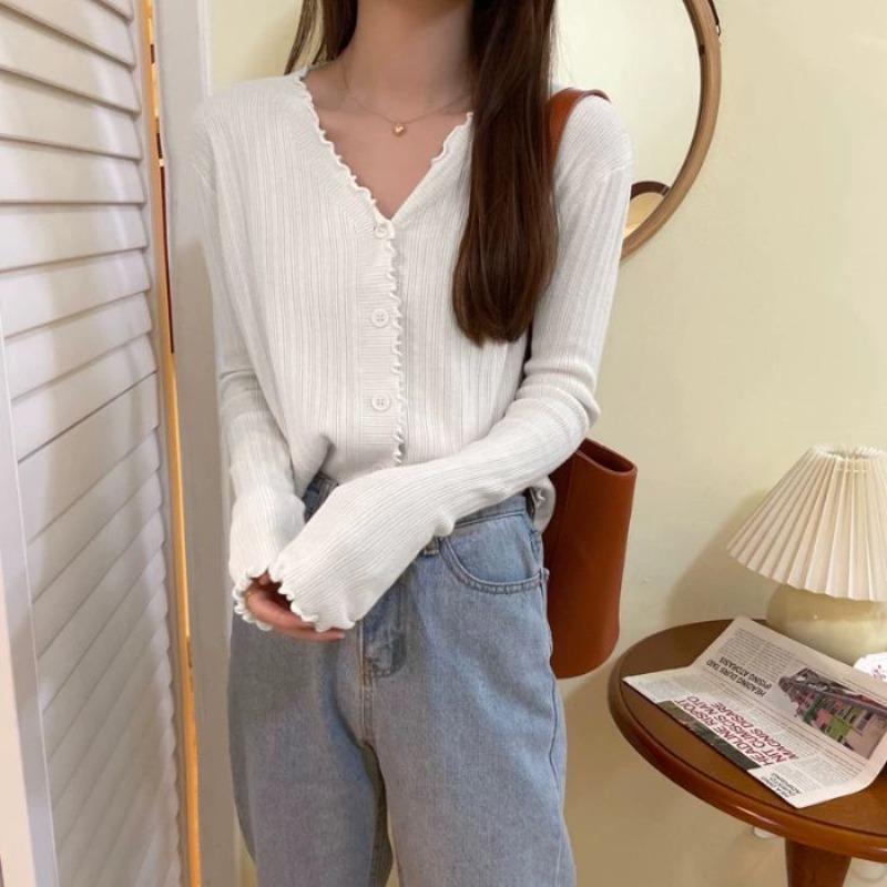 V-neck knitted cardigan solid color versatile small coat sweater spring trend women's early autumn new fungus edge
