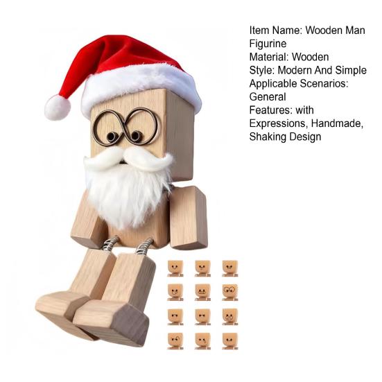 1 Set Christmas Shaking Wooden Man Figurine with 12 Expressions Handmade Santa Hat Shaking Feet Wooden Doll Car Dashboard Desktop Decoration