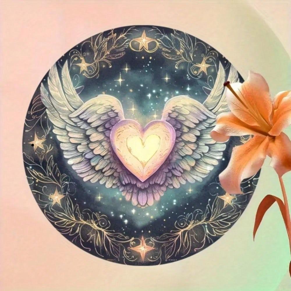 3D Iron Wall Art Angel Wing Heart Vintage Home Decor Metal Round Sign 12 Inch Indoor Outdoor Garden Room Office