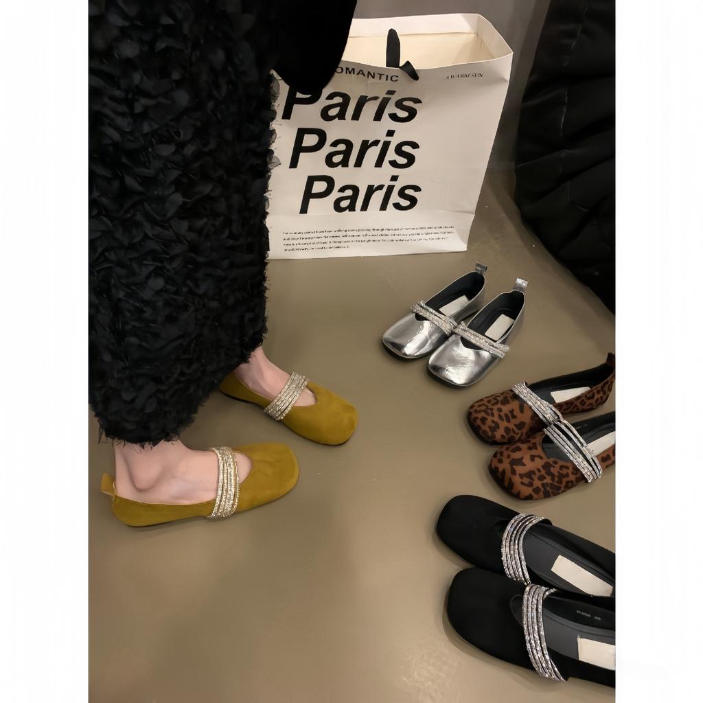 Rhinestone with Ballet Mary Jane Shoes 2025 New Spring and Autumn Square Head Shallow Mouth Versatile Flat Bottom French Gentle Single Shoes
