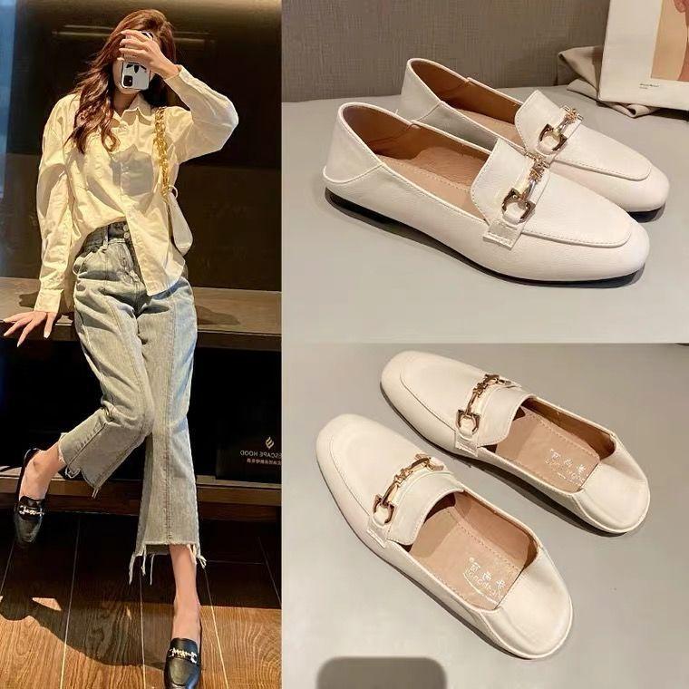 Single shoes women's 2025 new spring and summer leather shoes flat-soled versatile one-pedal women's shoes spring loafers Doudou shoes