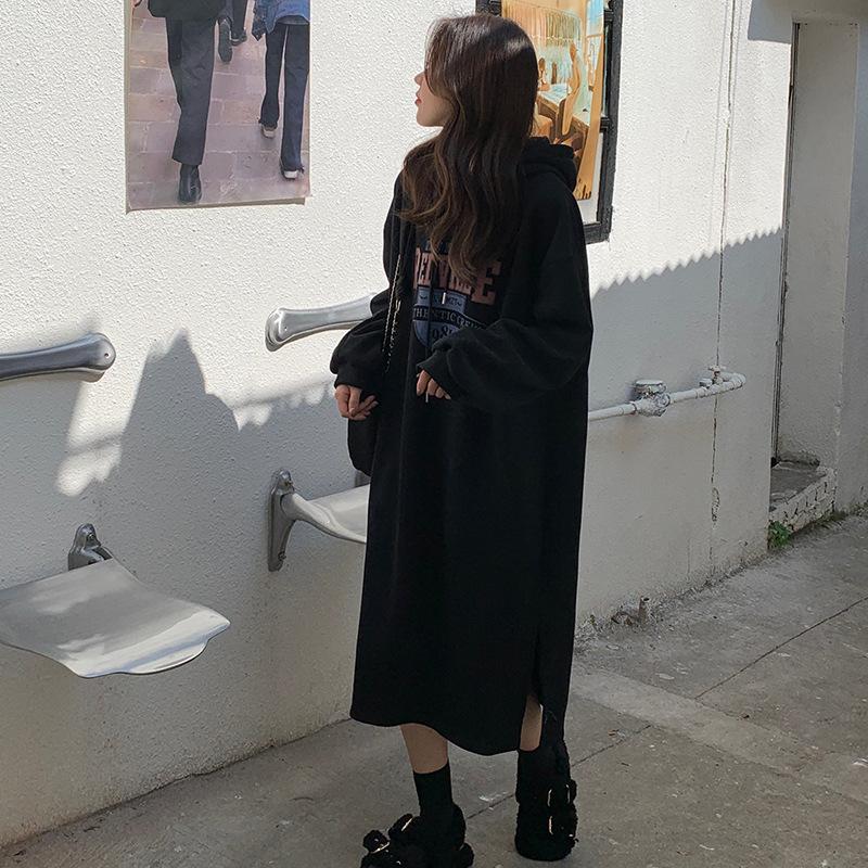 Mid-length Sweatshirt for Women Korean Style Striped Long-sleeved Dress for Winter Korean Style Loose Over-knee Plus Velvet