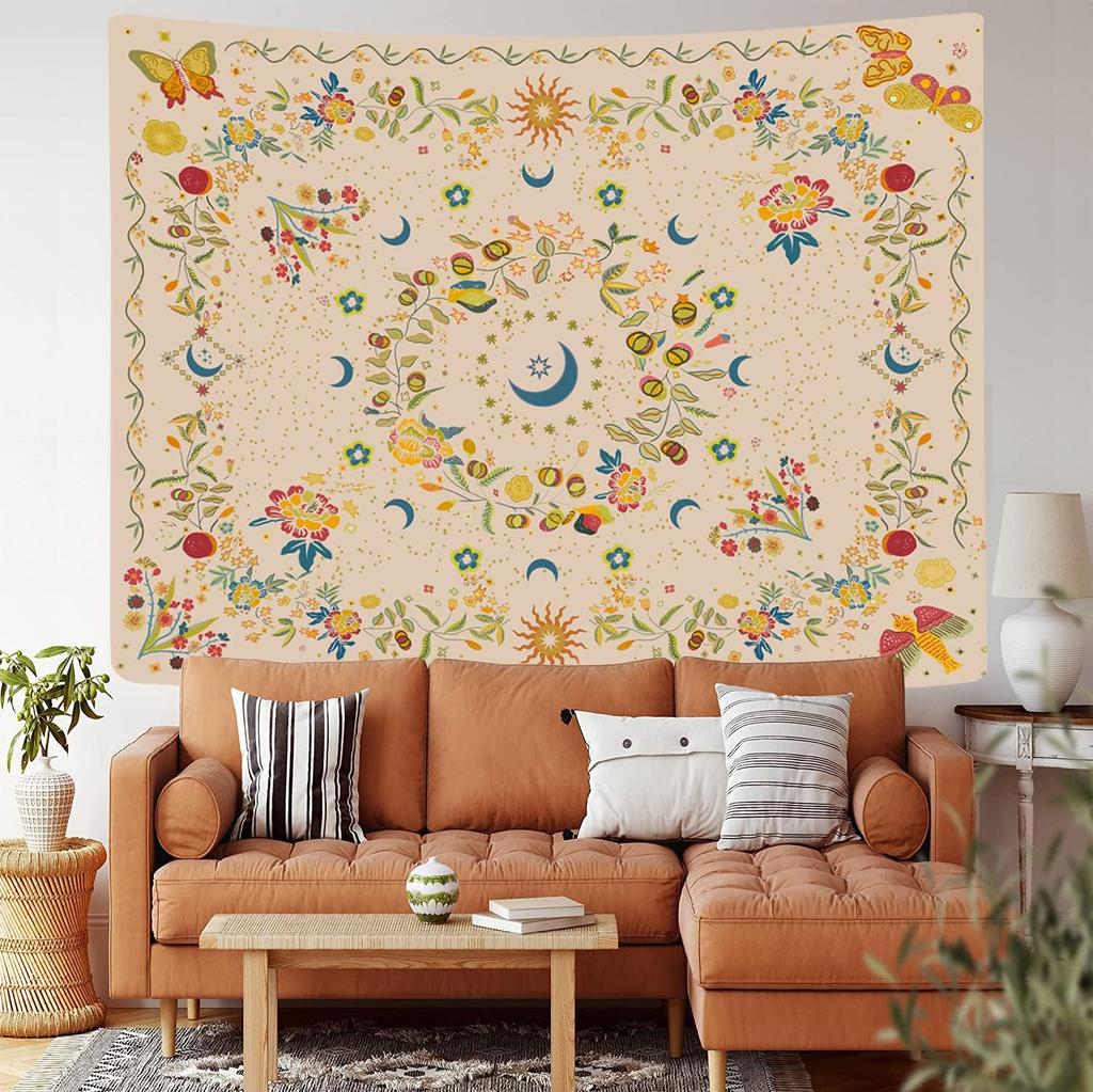 Wandkleed - Boheems Bloemenranken Wanddecoratie Hemelse Zon Maan en Sterren Wandkleed voor Hippie Woondecoratie - Slaapkamer Esthetiek