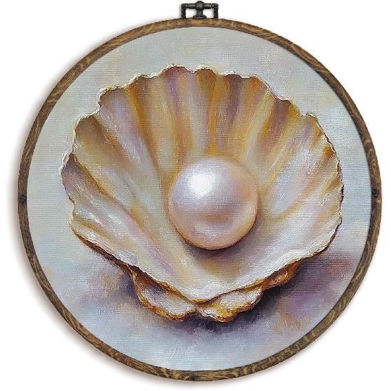 KFXHANGD Vintage Seashell Round Wall Art Framed, Coastal Shell Canvas Wall Art Decor, Coastal Sea Shells Hanging Decor for Bathroom Bedroom,