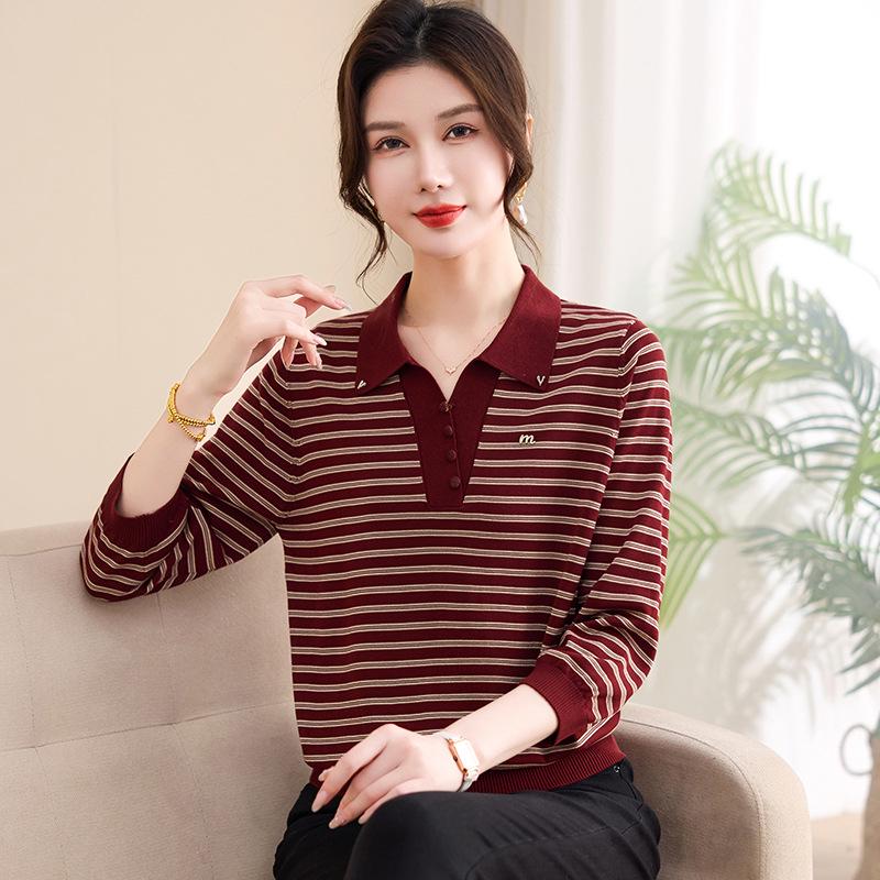 

Striped Collared Long-Sleeve Top for Middle-Aged and Elderly Women – 50s & 60s Spring/Autumn Base Layer 4XL (135-150 jin)