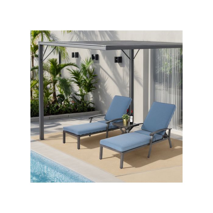 Chaise longue de jardin avec coussin en coton, chaise longue de piscine réglable en aluminium antirouille, coussin bleu (1 pièce)