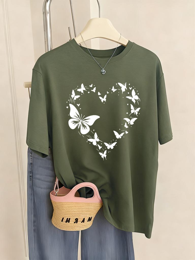 Schmetterling Herz Bedruckte T-Shirts Damen Lässig Weiche T-Shirts Locker Bequem Kurzarm Oberteile Sommer O-Ausschnitt Damen Kleidung