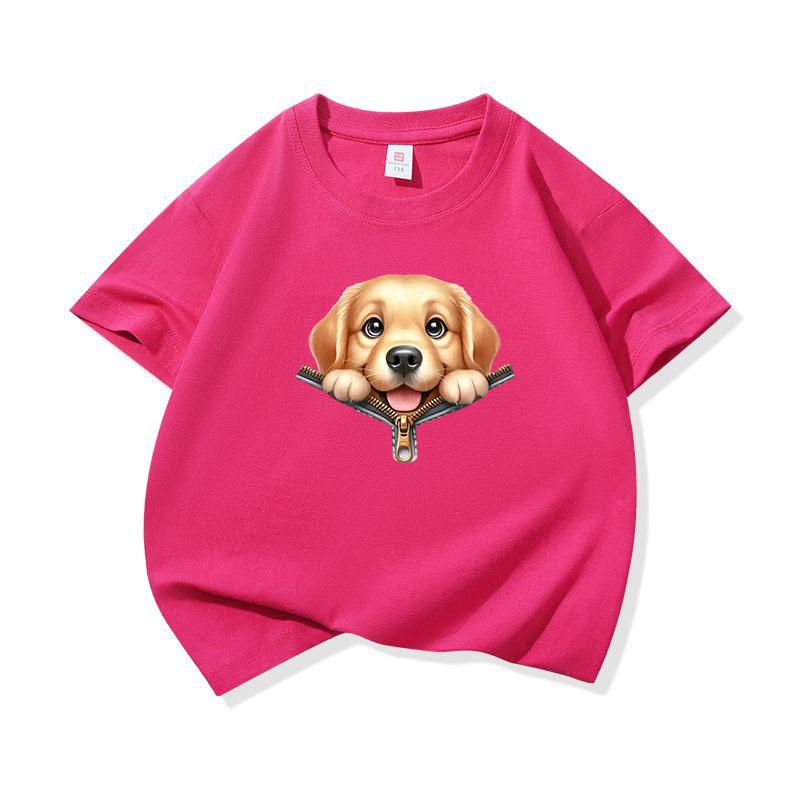 Kids Cotton T Shirt Cute Golden Retriever Zipper Print Crew Neck Short Sleeve Tee Casual Boys Girls Summer Tops